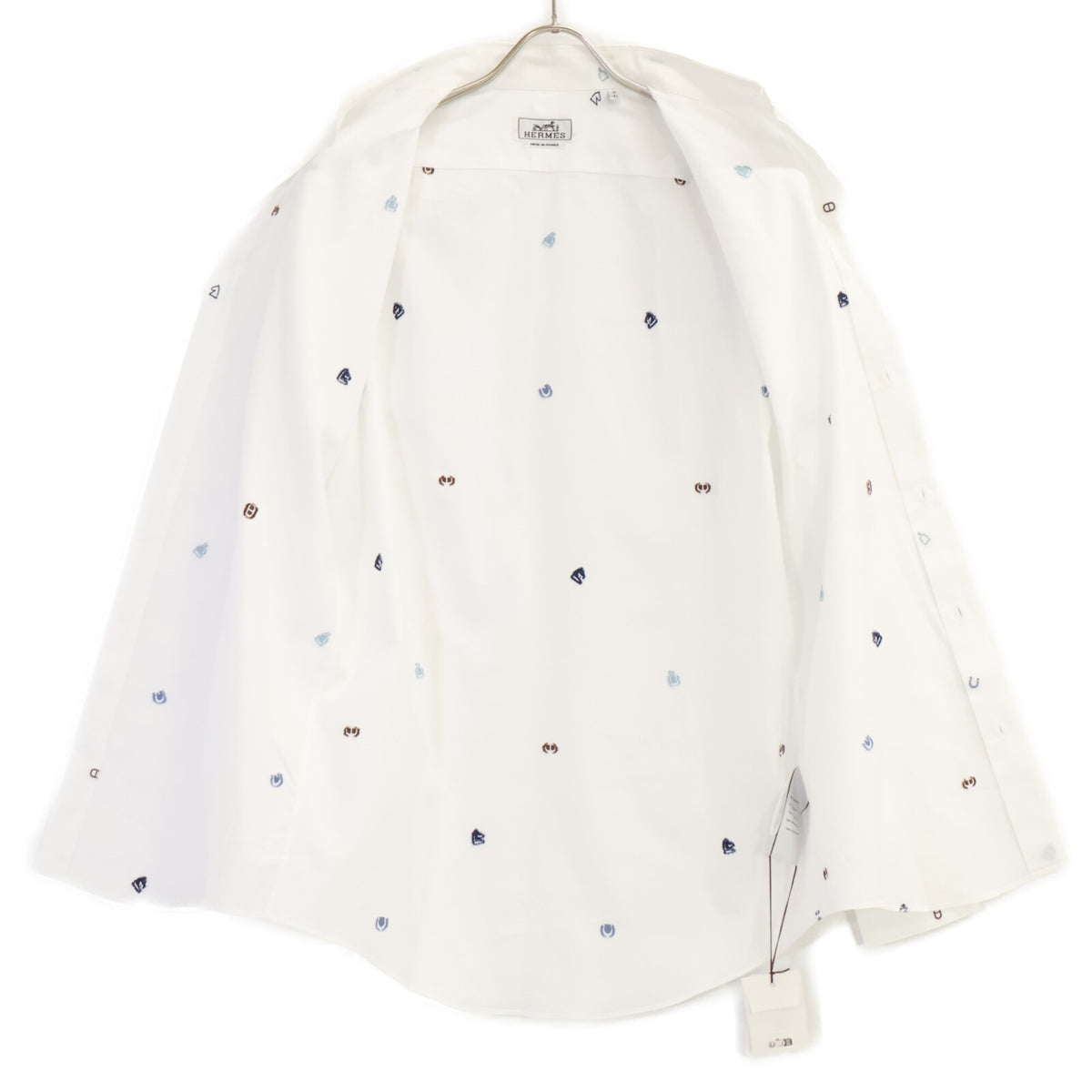HERMES Motif Embroidered Cotton Long Shirt White Size 41