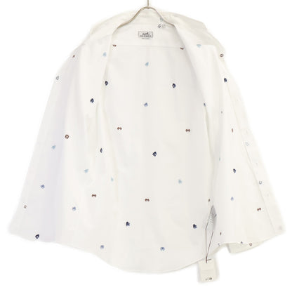 HERMES Motif Embroidered Cotton Long Shirt White Size 41