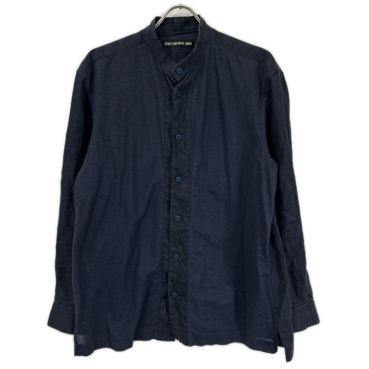 ISSEY MIYAKE MEN Navy Linen Band Collar Shirt Size 3