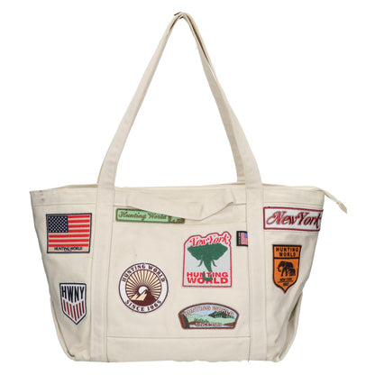 HUNTING WORLD Canvas Embossed Logo Patch Tote Bag White