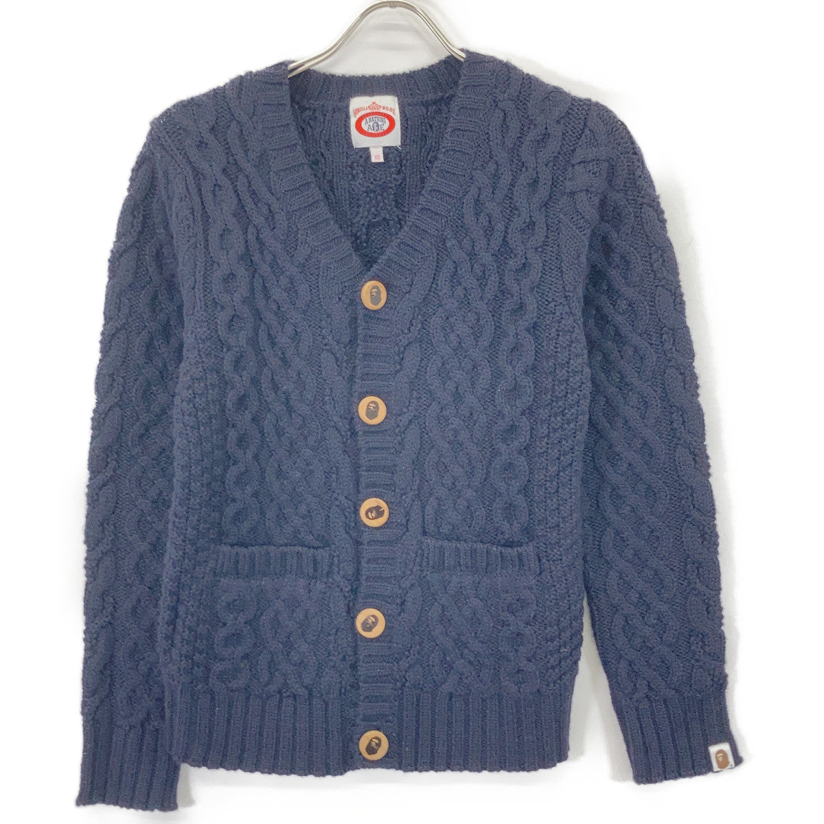 A BATHING APE Navy Cable Knit Wood Button Cardigan Size XS