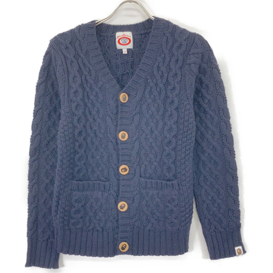 A BATHING APE Navy Cable Knit Wood Button Cardigan Size XS