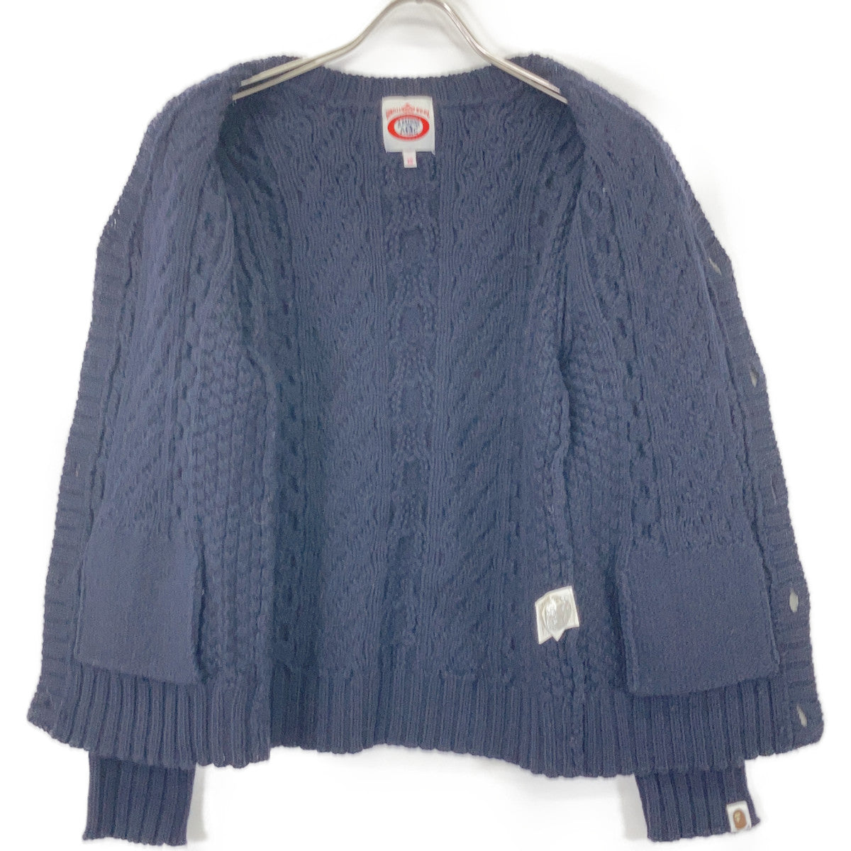 A BATHING APE Navy Cable Knit Wood Button Cardigan Size XS