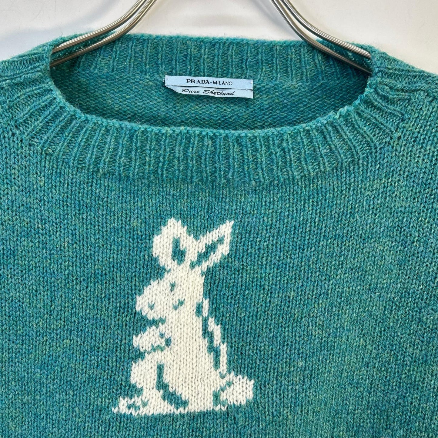 PRADA 16SS Rabbit Pattern Wool Sweater Blue-Green Size 46