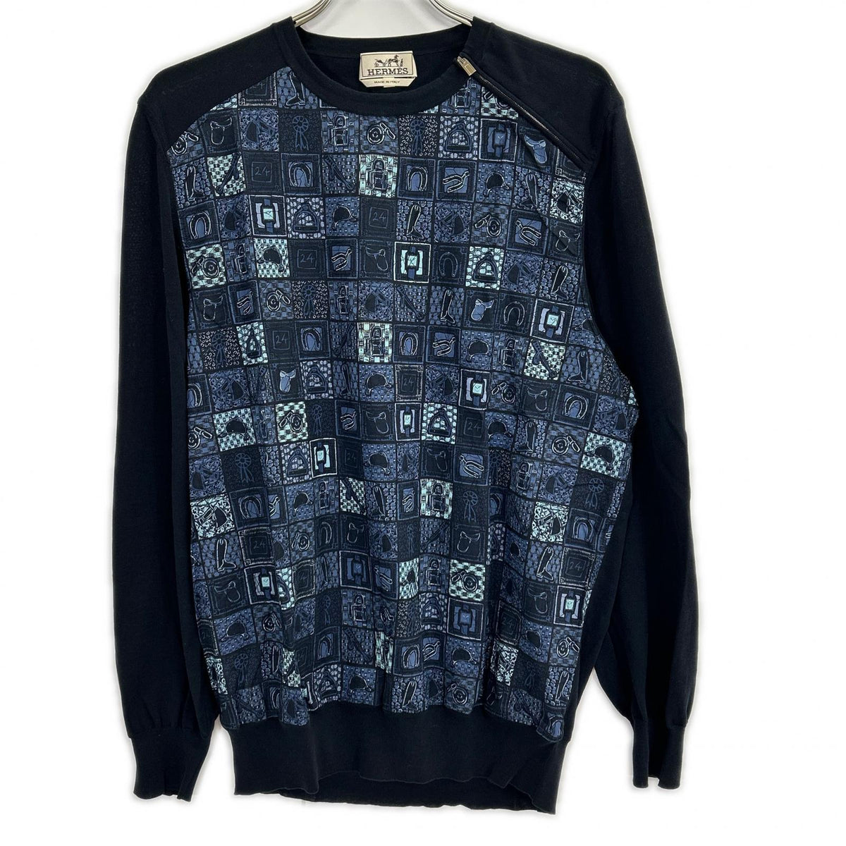 HERMES Navy All-Over Pattern Cotton Zip Knit Size XL