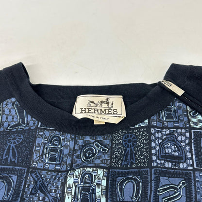 HERMES Navy All-Over Pattern Cotton Zip Knit Size XL