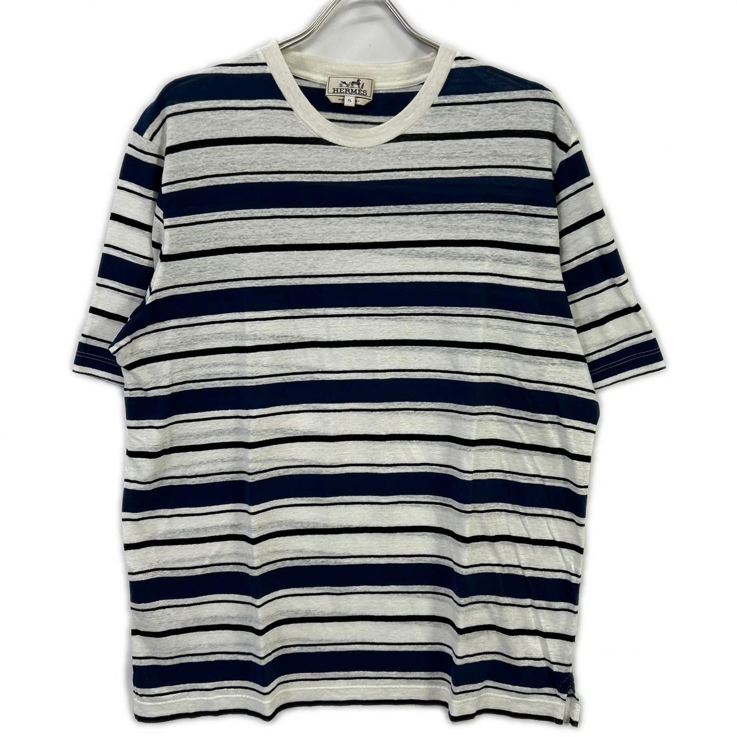 HERMES Blue Stripe Linen Crewneck T-Shirt Size XL