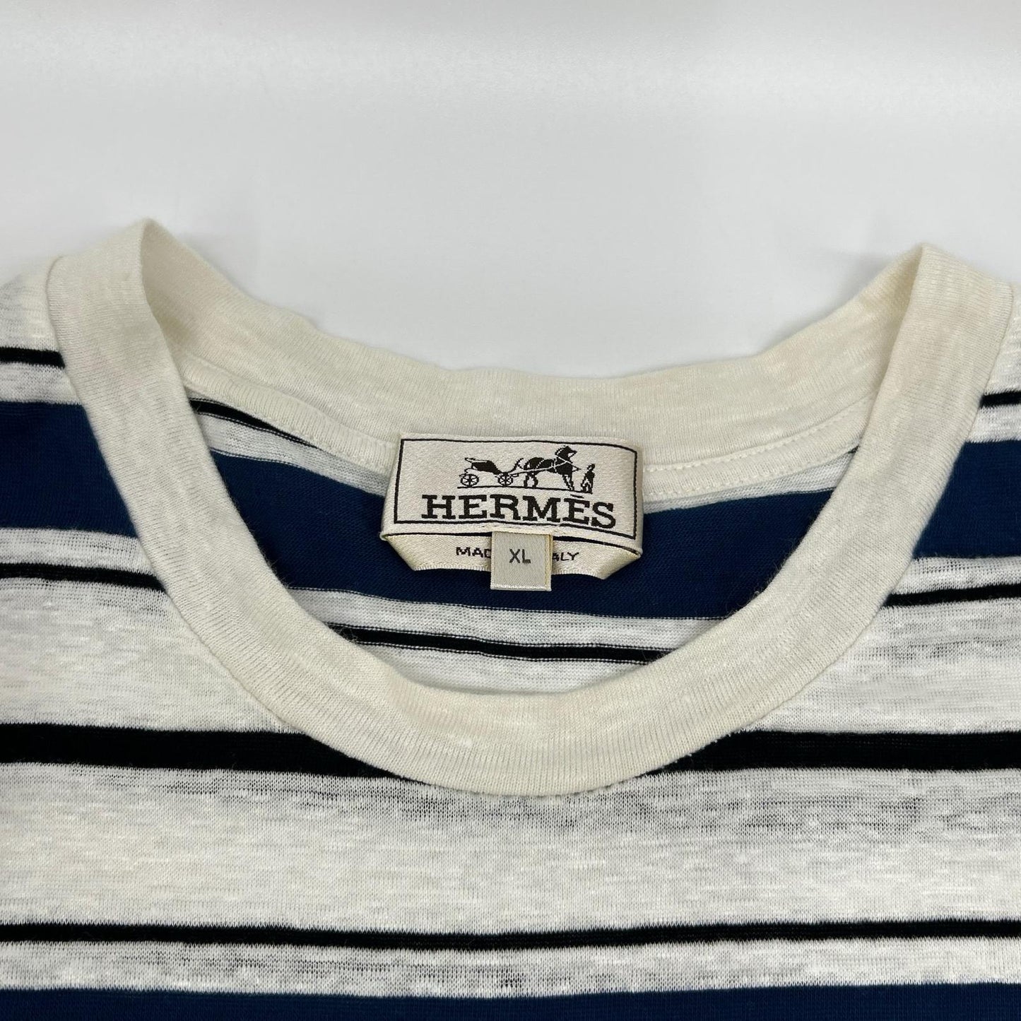 HERMES Blue Stripe Linen Crewneck T-Shirt Size XL
