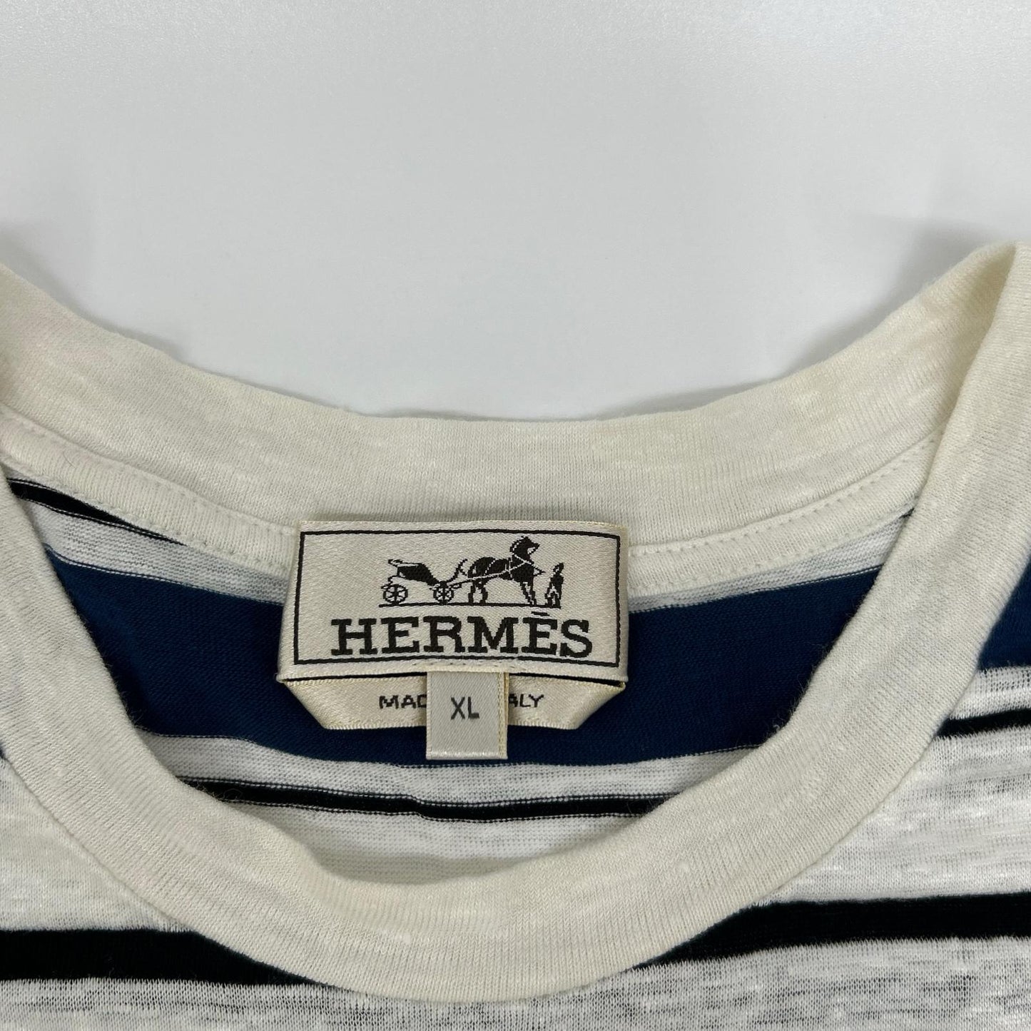 HERMES Blue Stripe Linen Crewneck T-Shirt Size XL