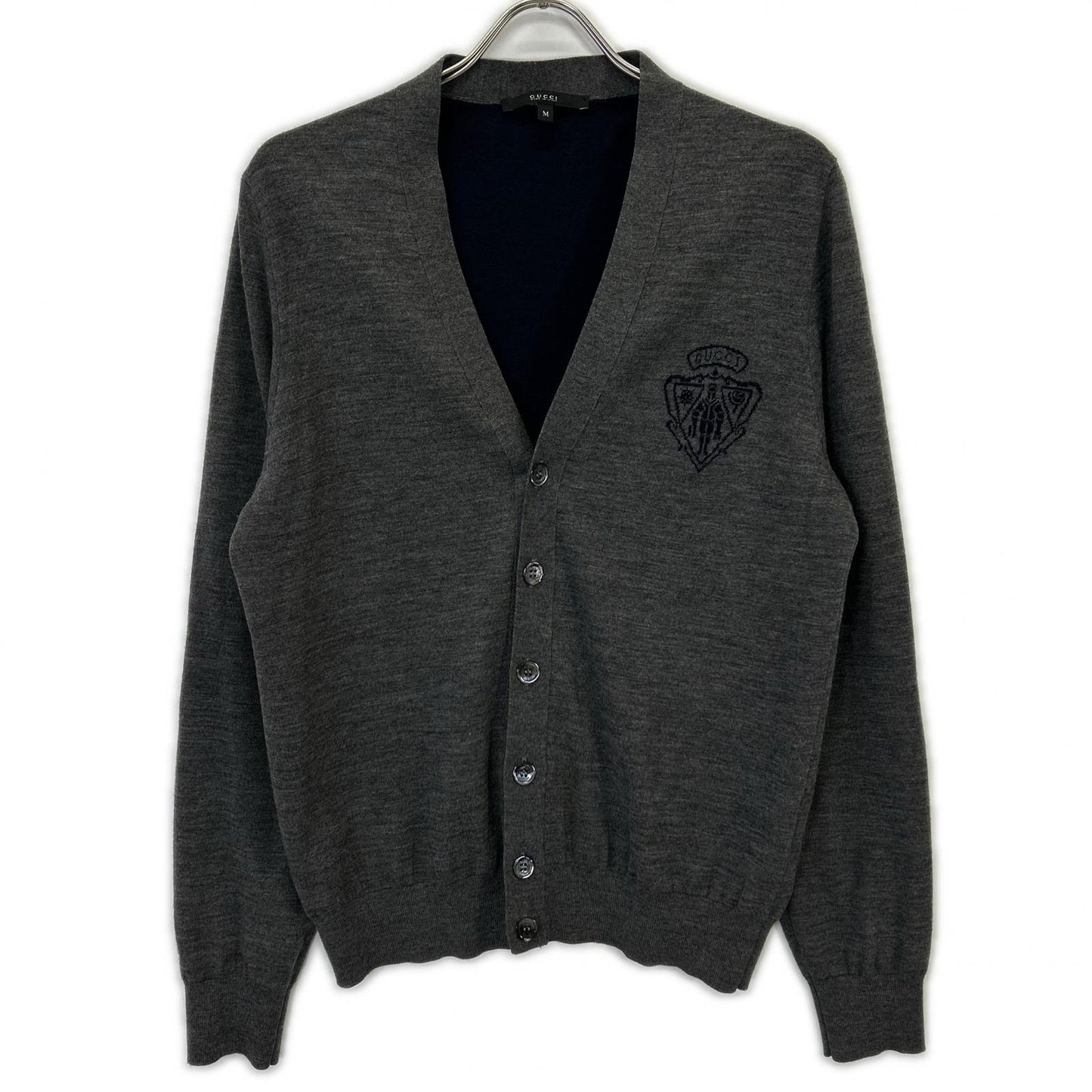 GUCCI Gray Wool Knit Cardigan with Chest Logo Size M
