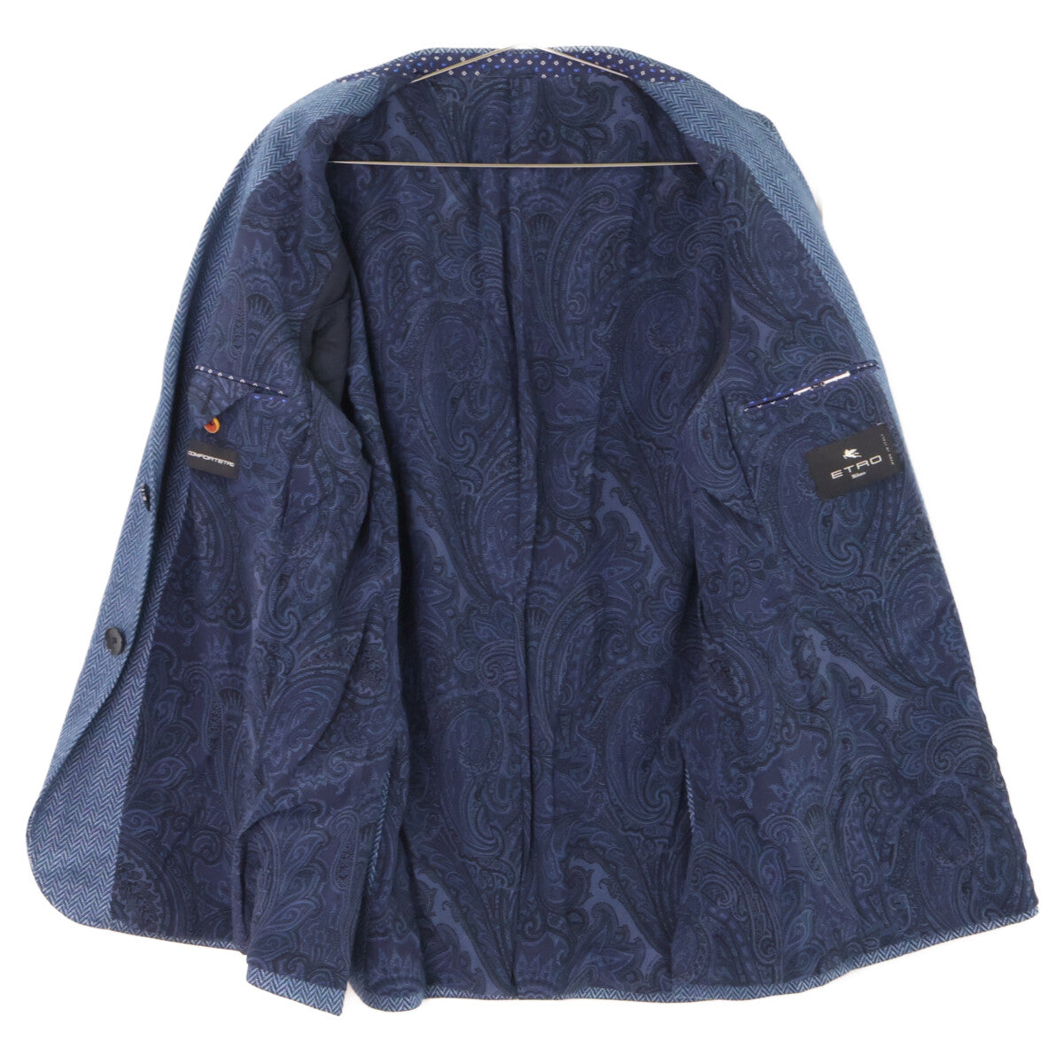 ETRO Navy Linen Herringbone Paisley-Lined 2B Blazer Size 52
