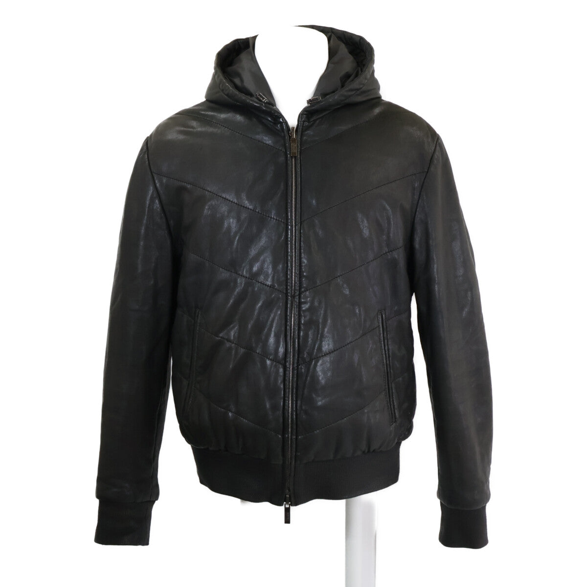 ARMANICOLLEZIONI Hooded Padded Leather Jacket Black Size 54