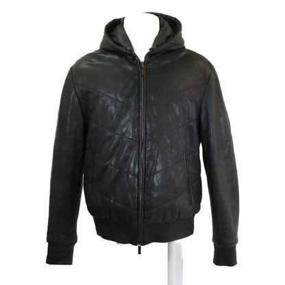 ARMANICOLLEZIONI Hooded Padded Leather Jacket Black Size 54