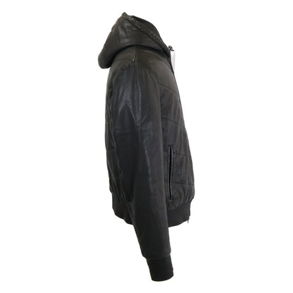 ARMANICOLLEZIONI Hooded Padded Leather Jacket Black Size 54