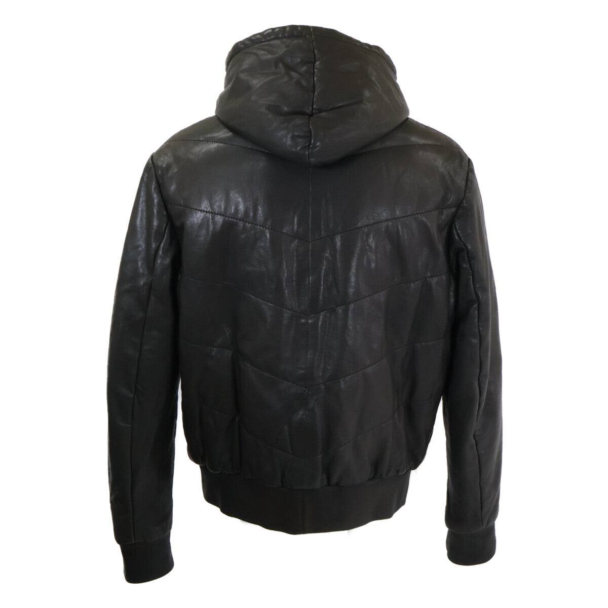 ARMANICOLLEZIONI Hooded Padded Leather Jacket Black Size 54