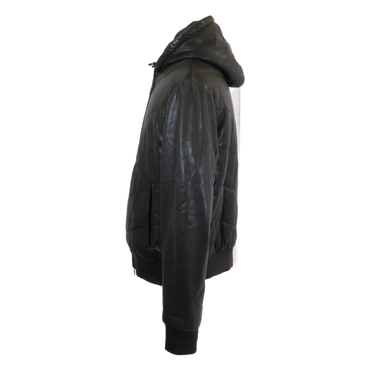 ARMANICOLLEZIONI Hooded Padded Leather Jacket Black Size 54