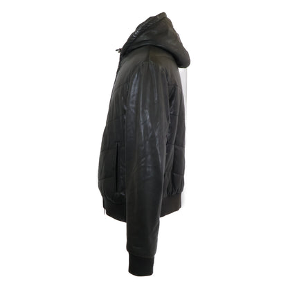 ARMANICOLLEZIONI Hooded Padded Leather Jacket Black Size 54