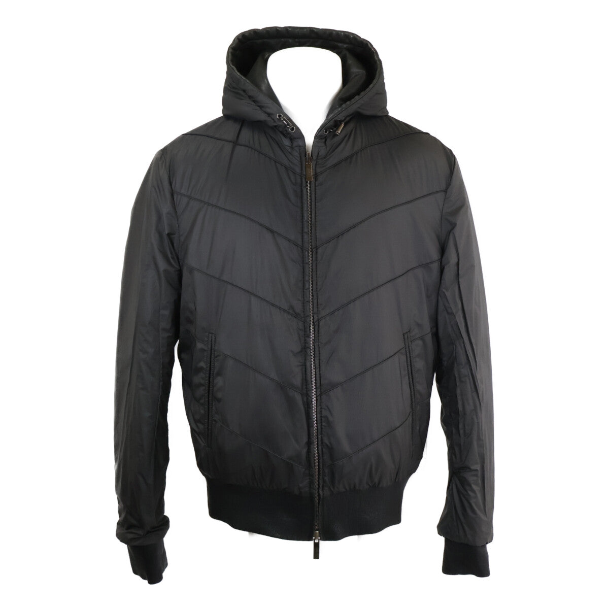 ARMANICOLLEZIONI Hooded Padded Leather Jacket Black Size 54