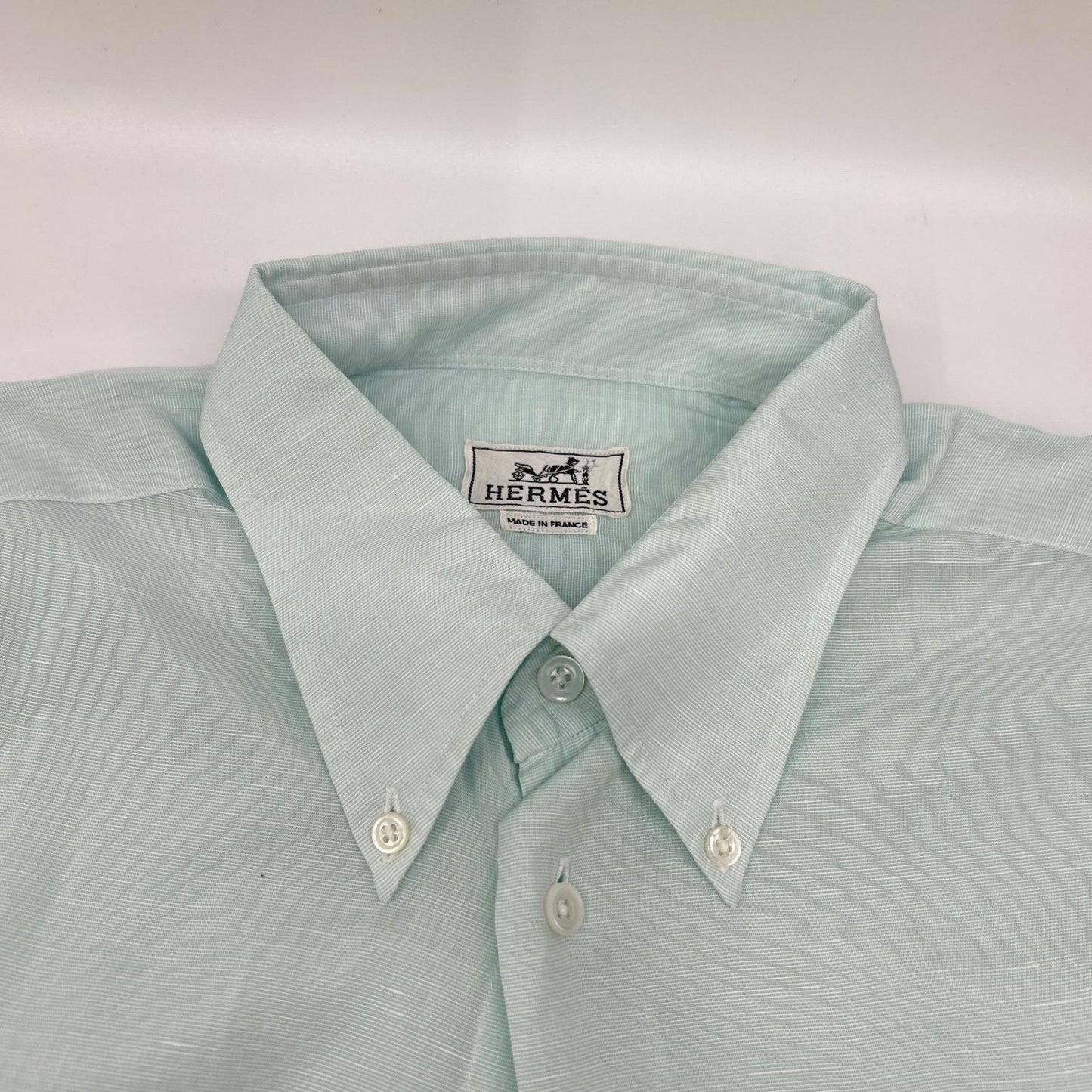 HERMES Sky Blue Linen Blend Button-Down S/S Shirt Size 41/16