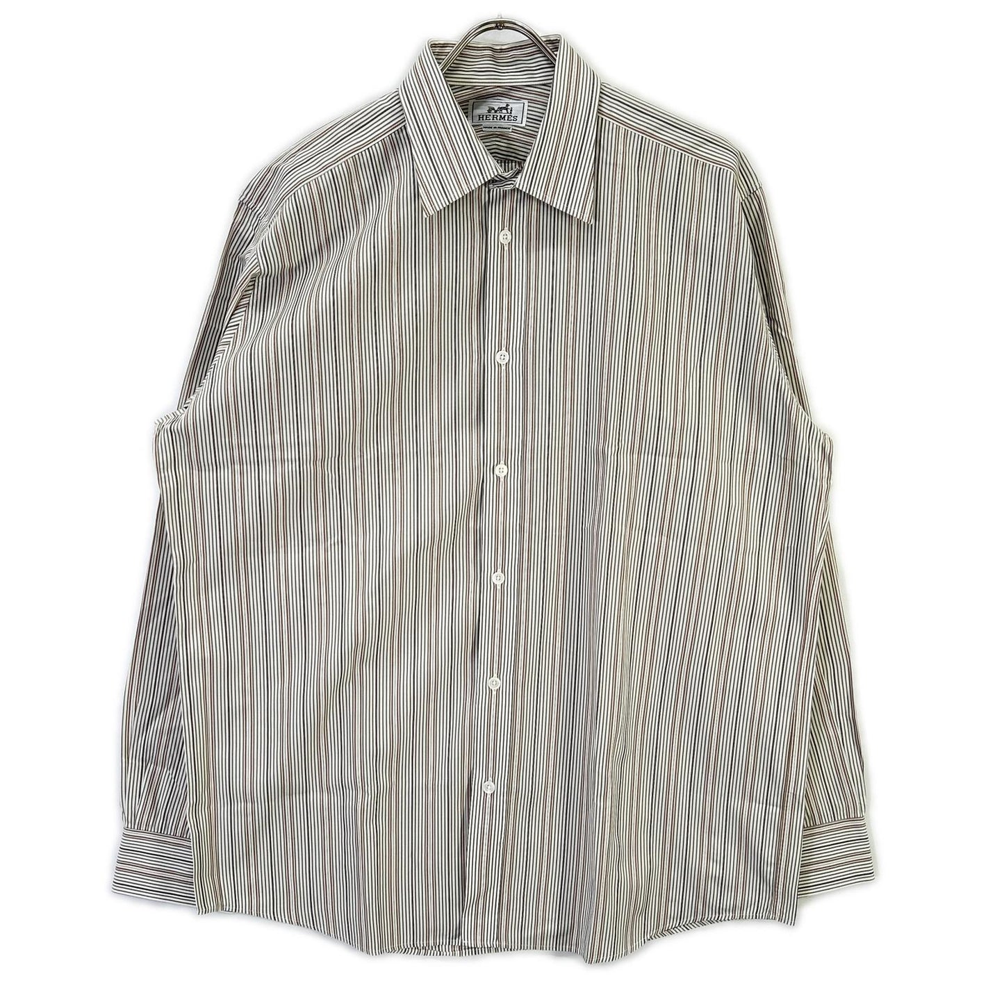 HERMES Gray/White Striped Selier Button Long Sleeve Shirt Size 41/16