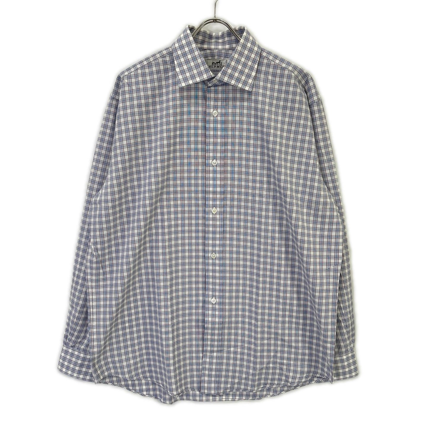 HERMES Wht/Blue/Prp Check Selier Button Long Sleeve Shirt Size 41/16