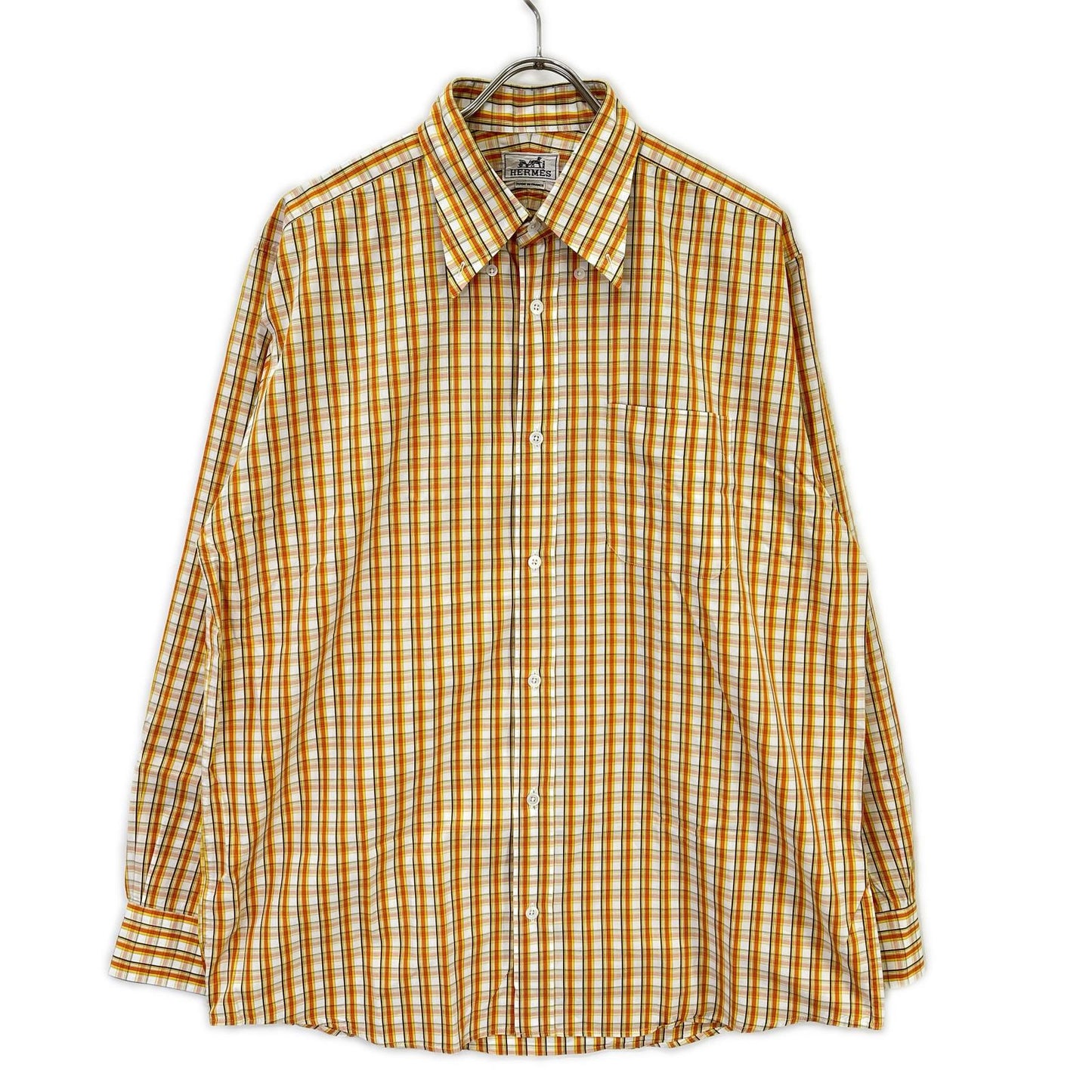 HERMES Orange/White Check Selier Long Sleeve Shirt Size 41/16