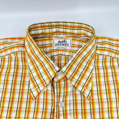 HERMES Orange/White Check Selier Long Sleeve Shirt Size 41/16