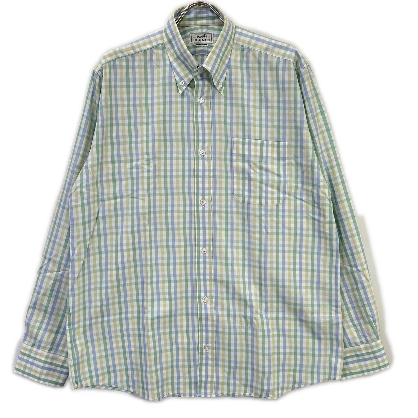 HERMES Green-Tone Check Selier Button Long Sleeve Shirt Size 41/16