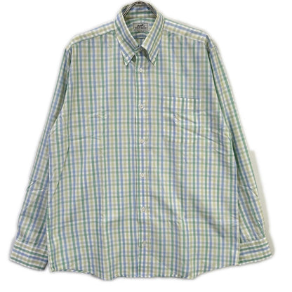 HERMES Green-Tone Check Selier Button Long Sleeve Shirt Size 41/16