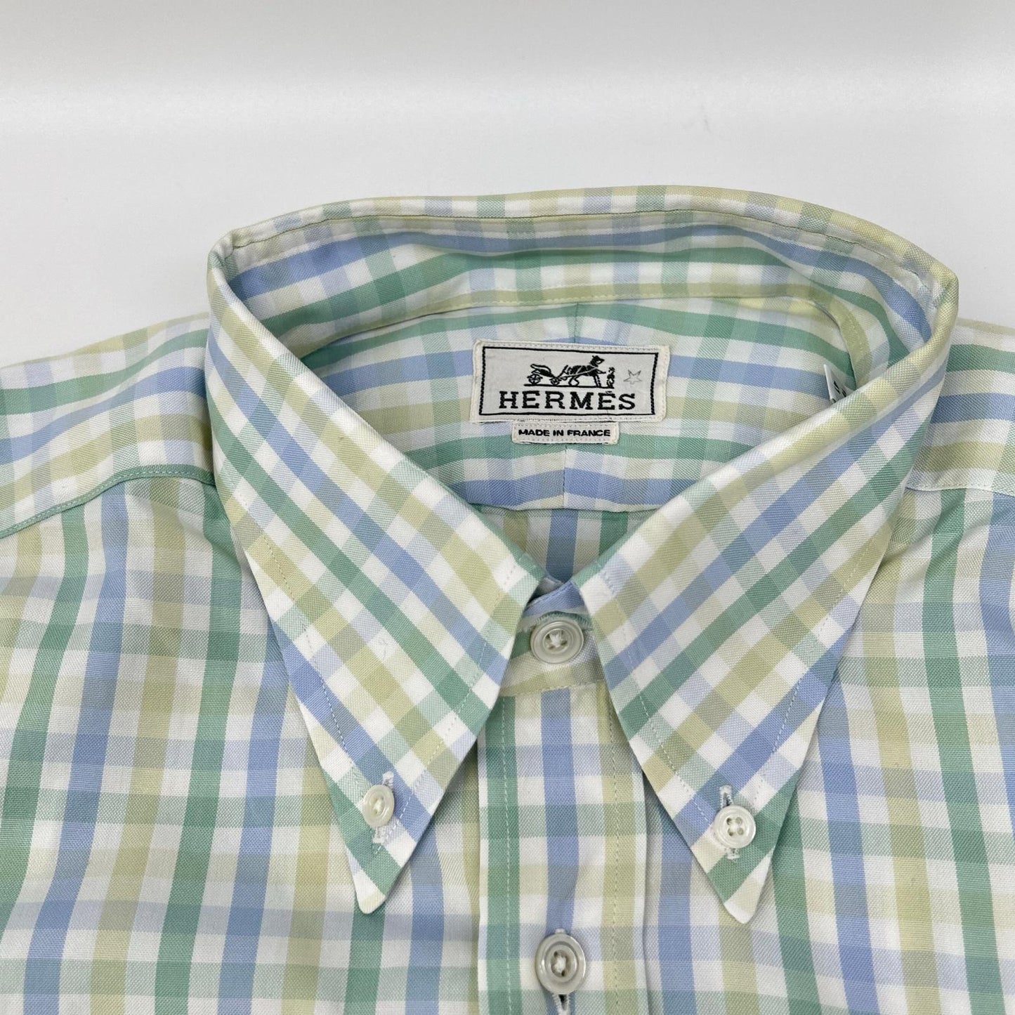 HERMES Green-Tone Check Selier Button Long Sleeve Shirt Size 41/16