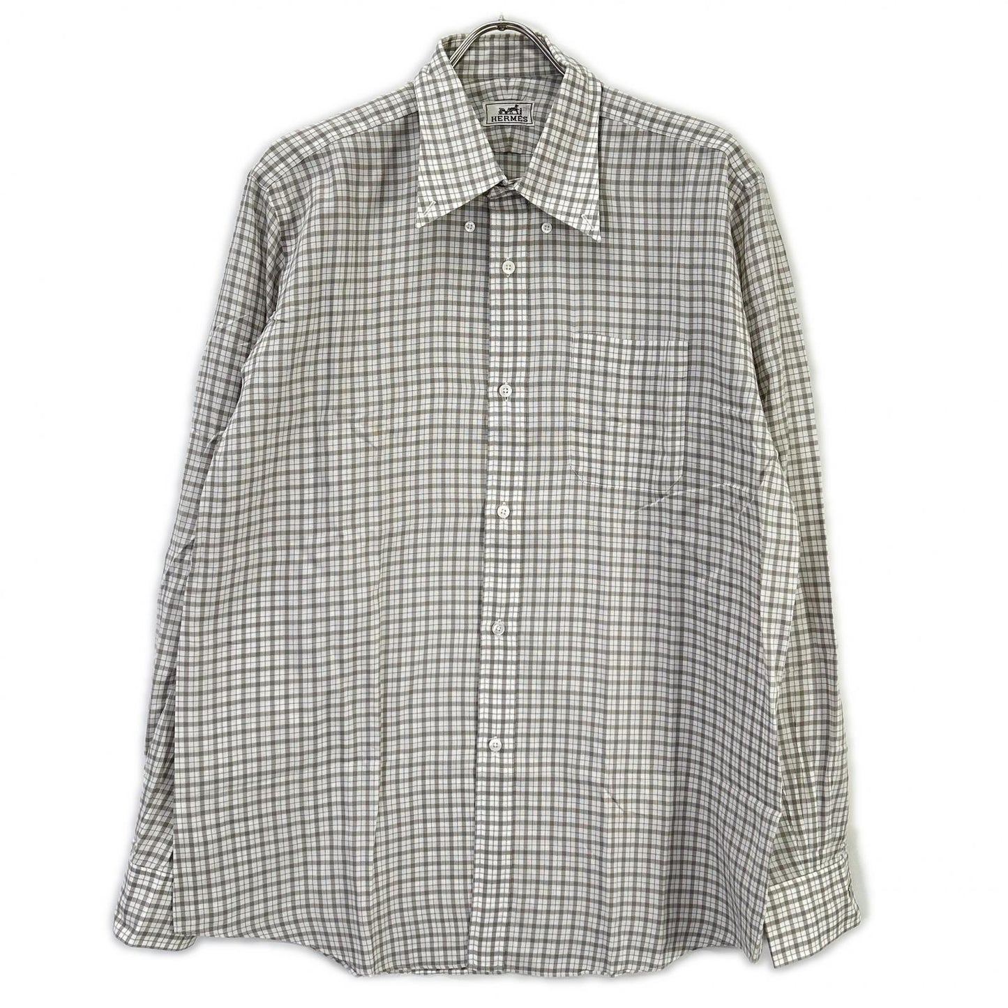 HERMES Gray Check Selier Button Long Sleeve Shirt Size 42-16