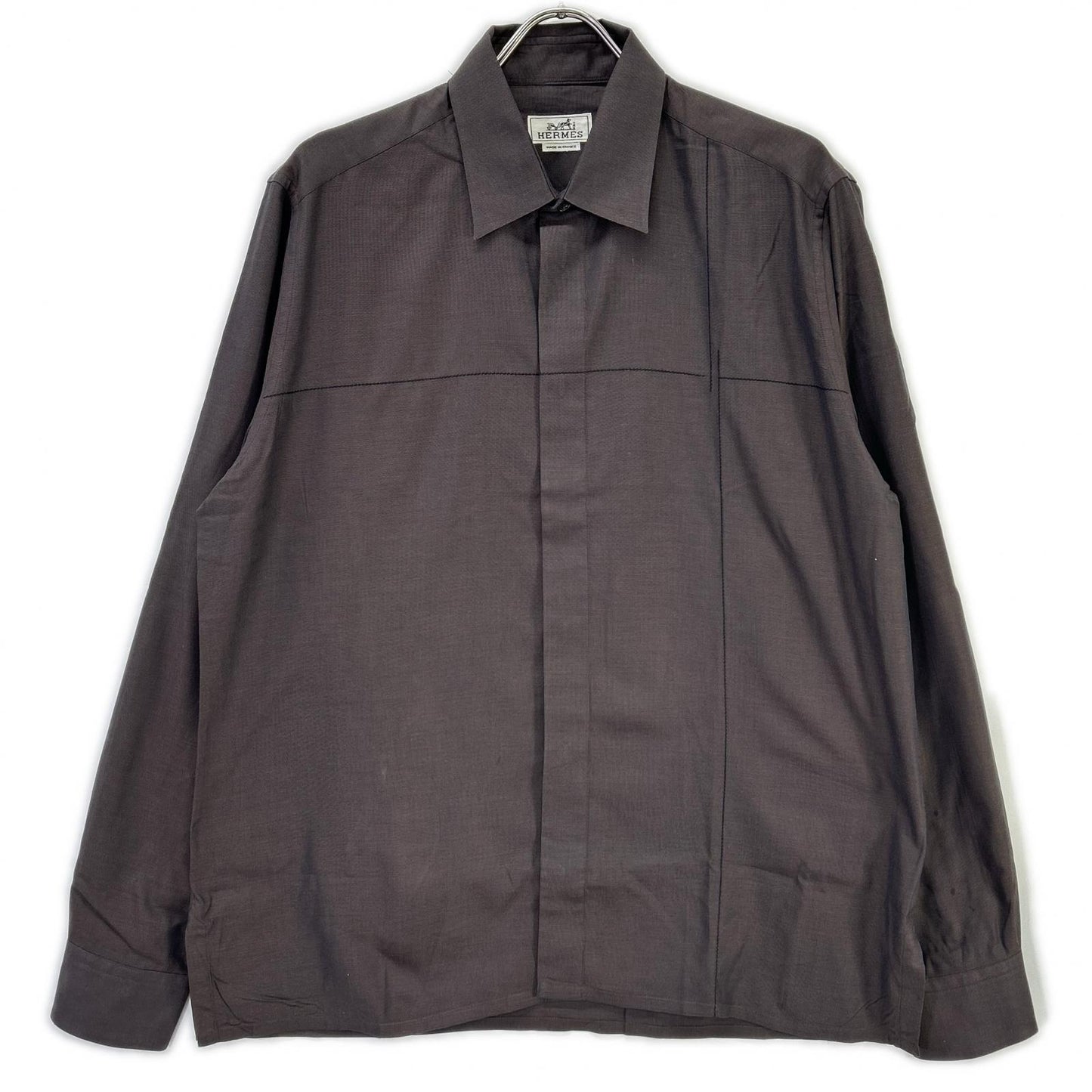 HERMES Brown Fly Front Selier Button Long Sleeve Shirt Size 41/16