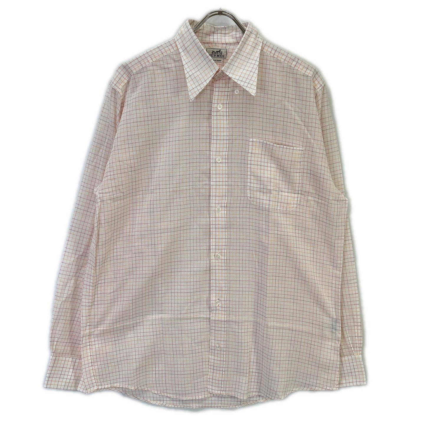 HERMES Pink Check Sellier Button Sleeve Shirt Size 40-15