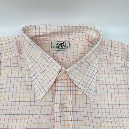 HERMES Pink Check Sellier Button Sleeve Shirt Size 40-15