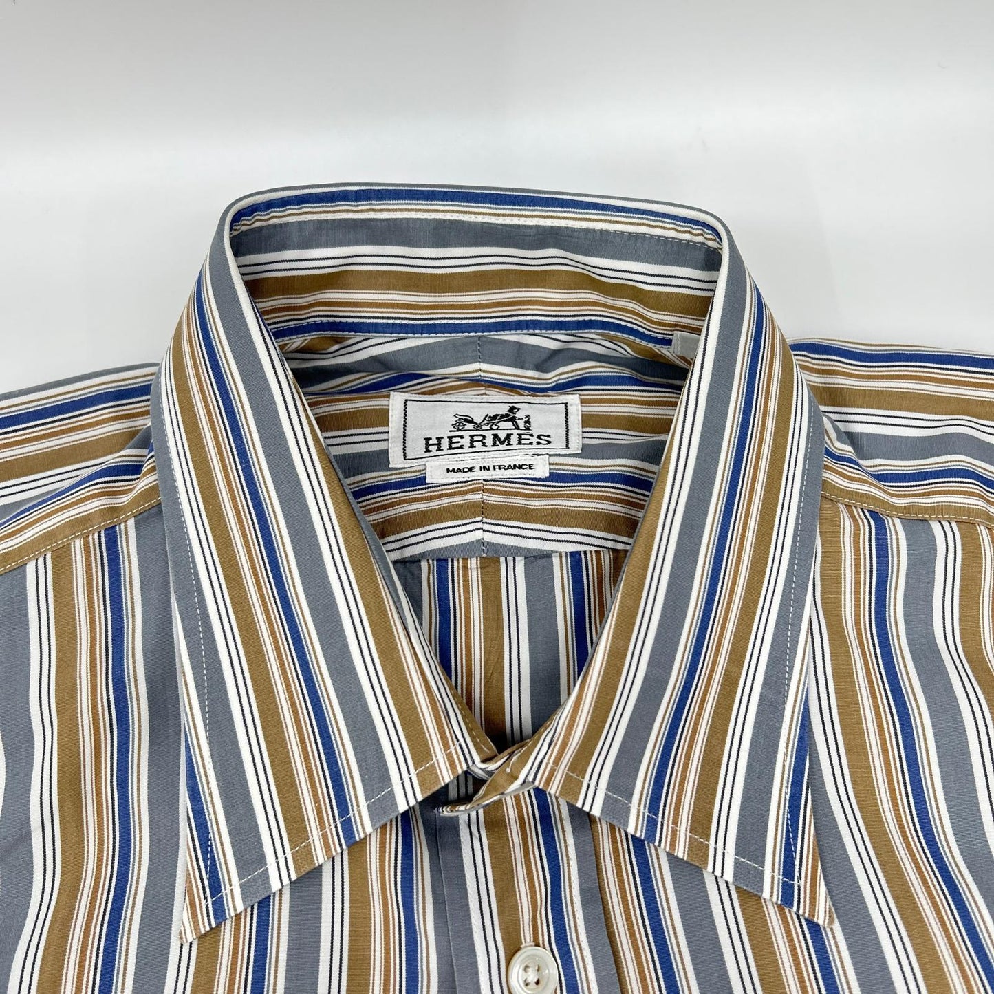 HERMES Striped Sellier Button Long Sleeve Shirt Size 40-15