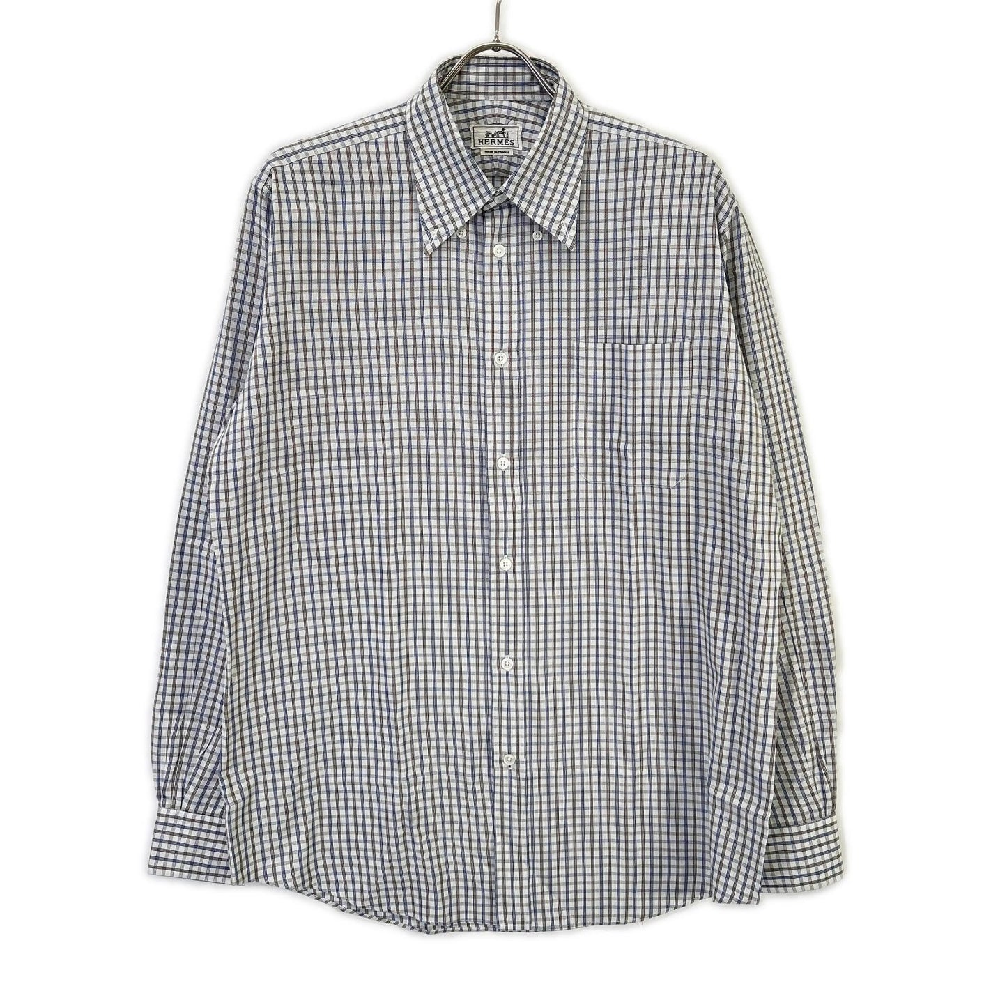 HERMES Check Sellier Button Long Sleeve Shirt Size 40-15