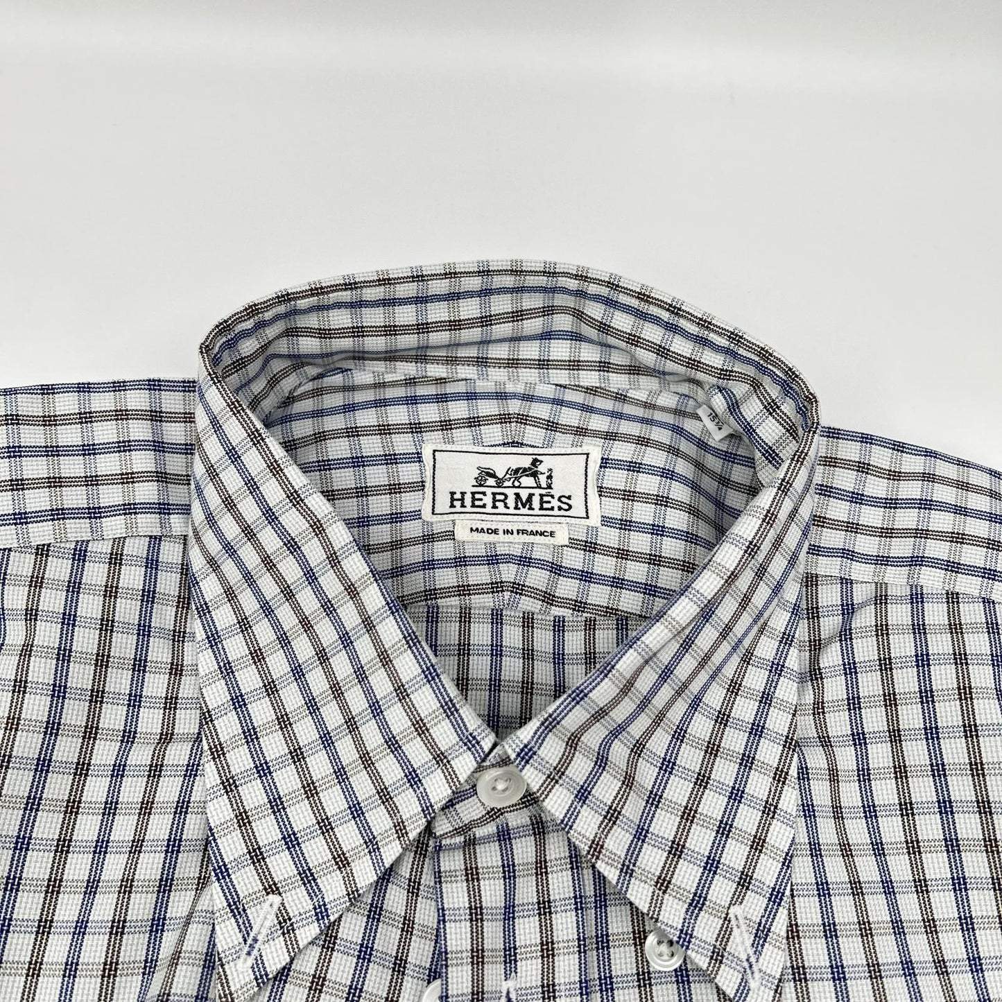 HERMES Check Sellier Button Long Sleeve Shirt Size 40-15