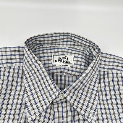 HERMES Check Sellier Button Long Sleeve Shirt Size 40-15