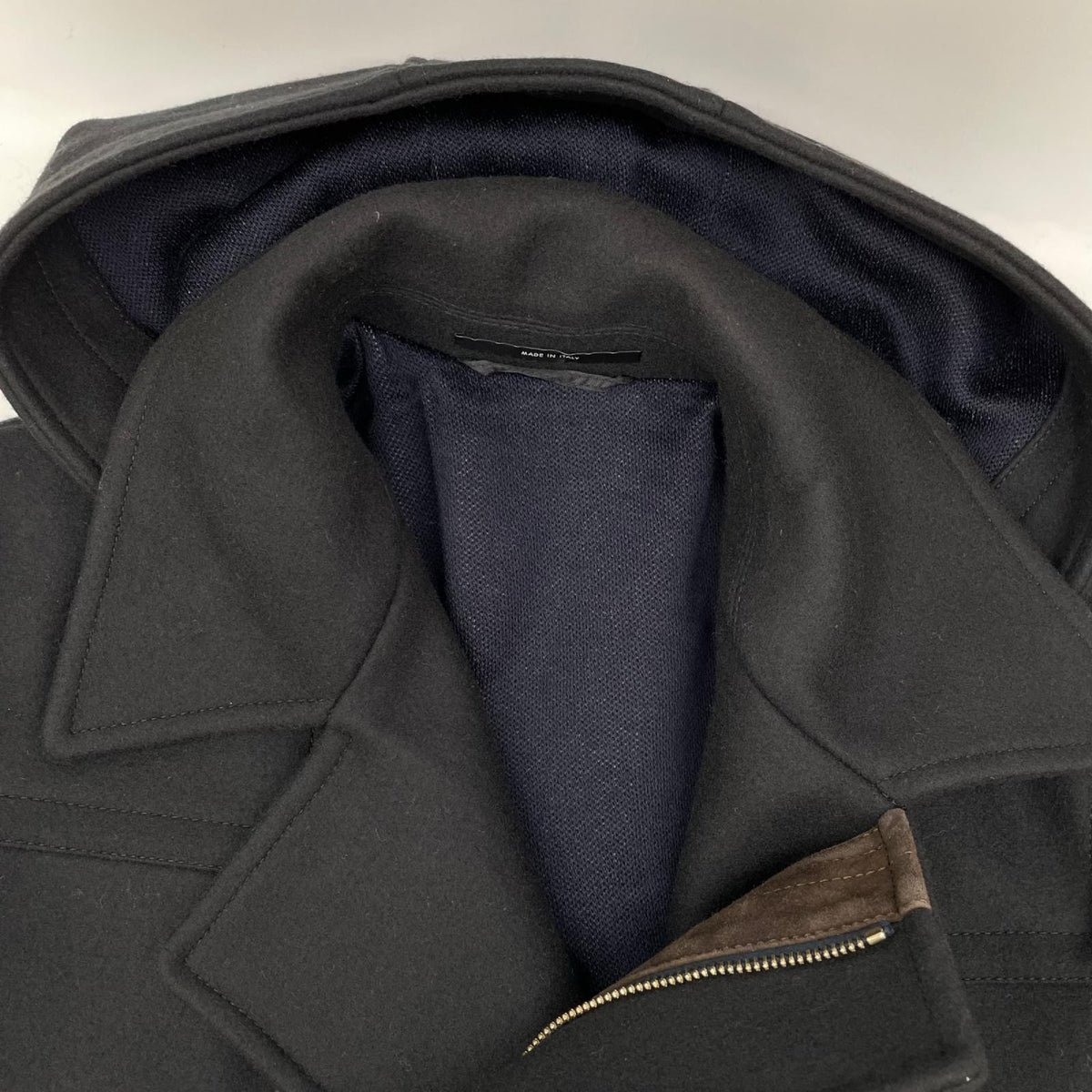 GUCCI Hooded Suede Trim Double Wool Coat Black Size 46