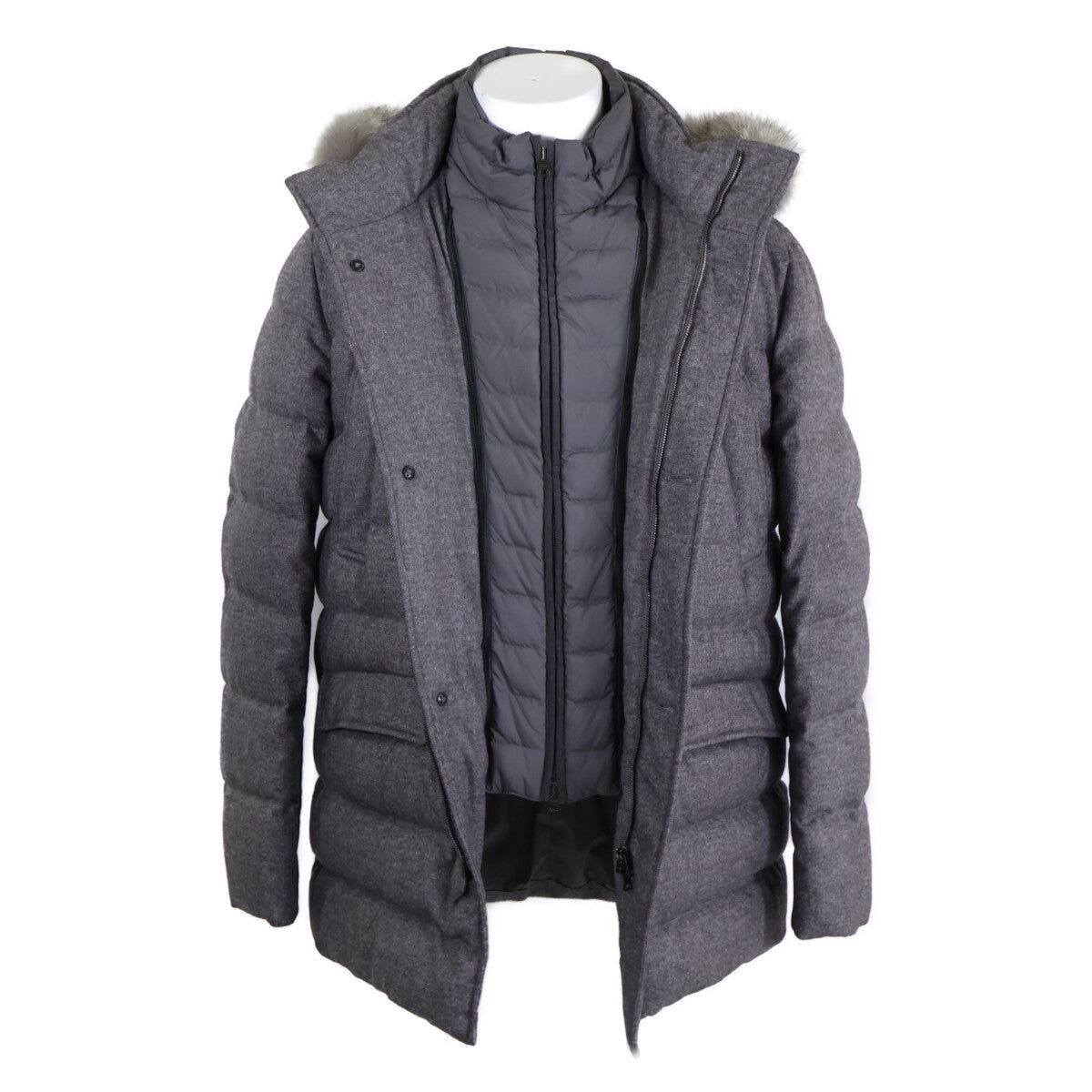 HERNO PIACENZA Cashmere Silk Fur Trim Jacket Gray Size 48