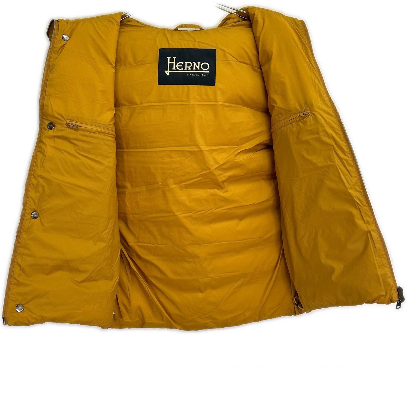 HERNO Mustard Hooded Nylon Down Vest Size 46