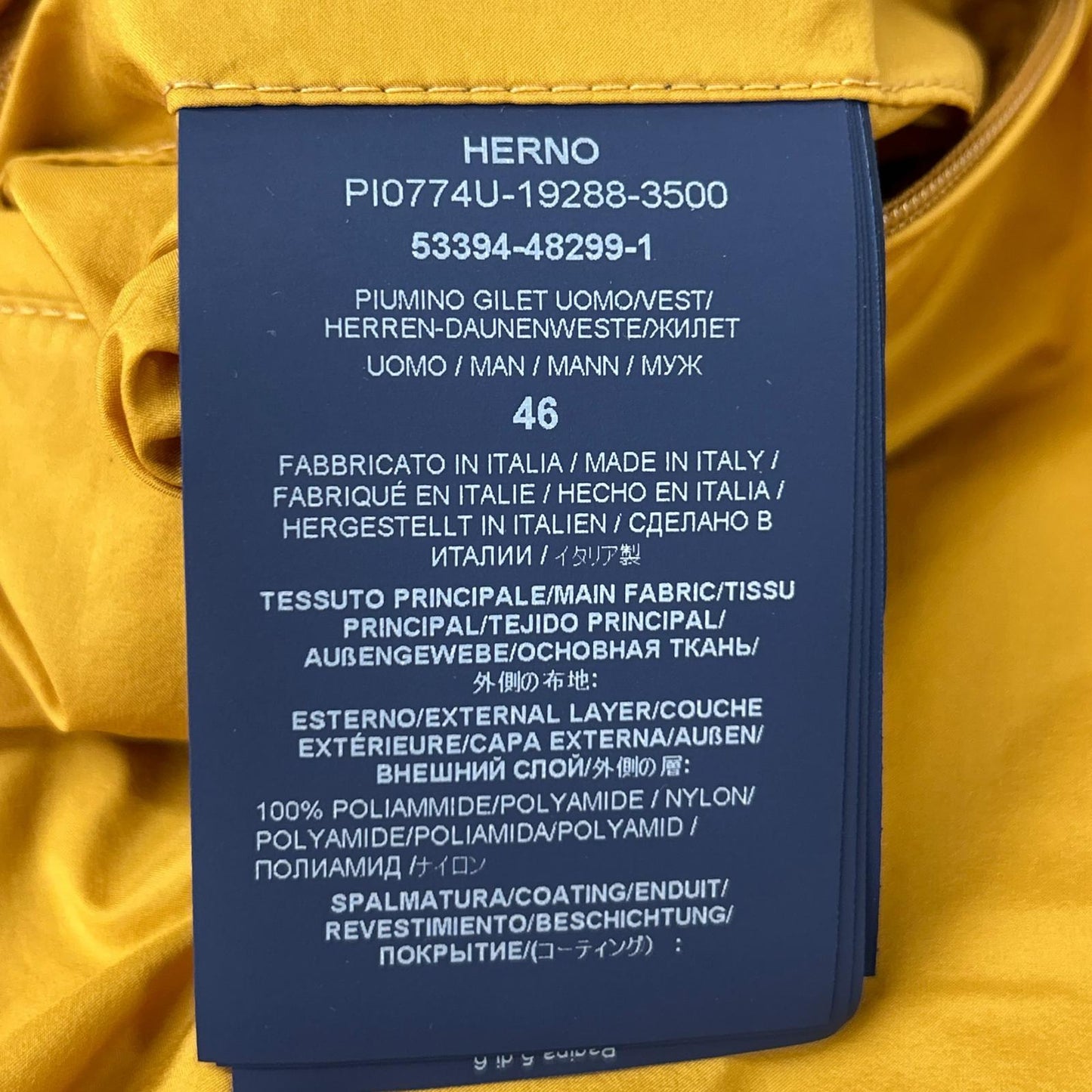 HERNO Mustard Hooded Nylon Down Vest Size 46