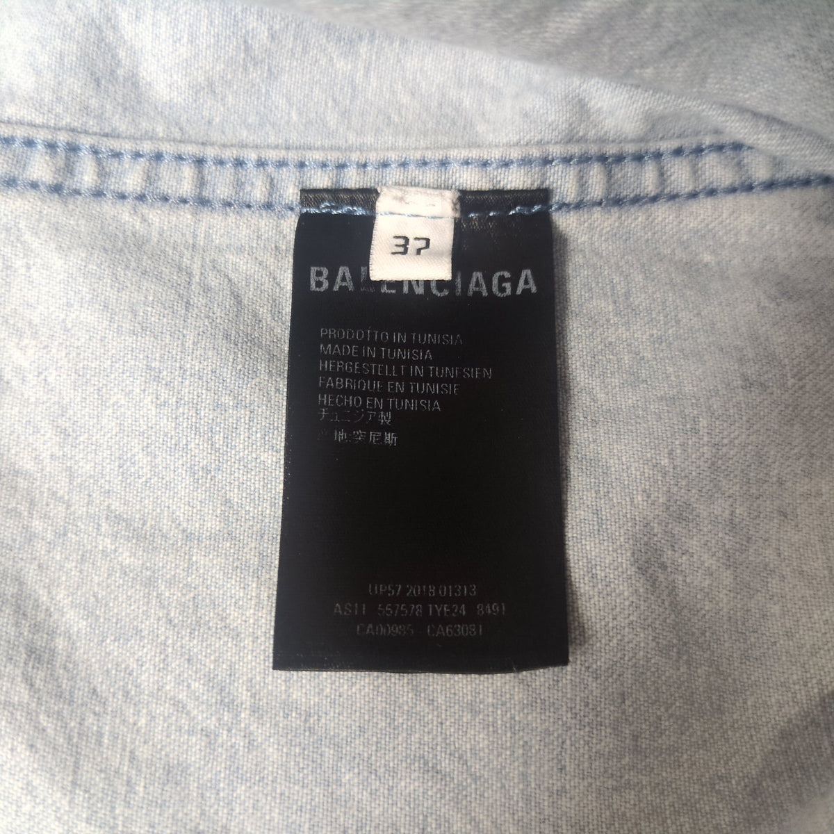 BALENCIAGA Logo Printed Washed Denim Shirt Blue Size 32