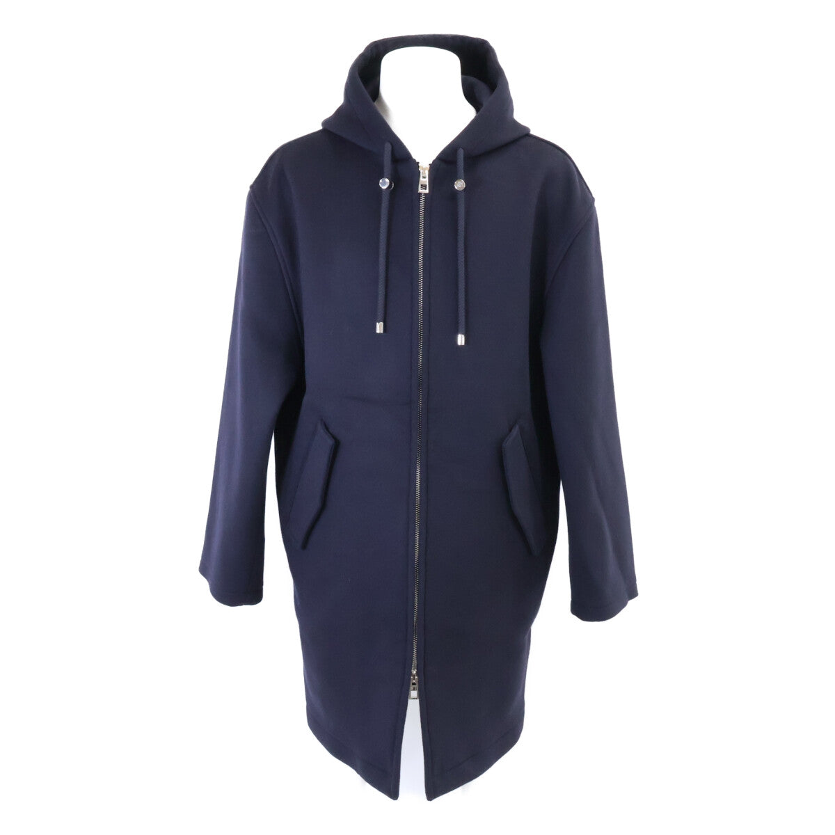 LOEWE Wool Zip-Up Hooded Coat Navy Size 48