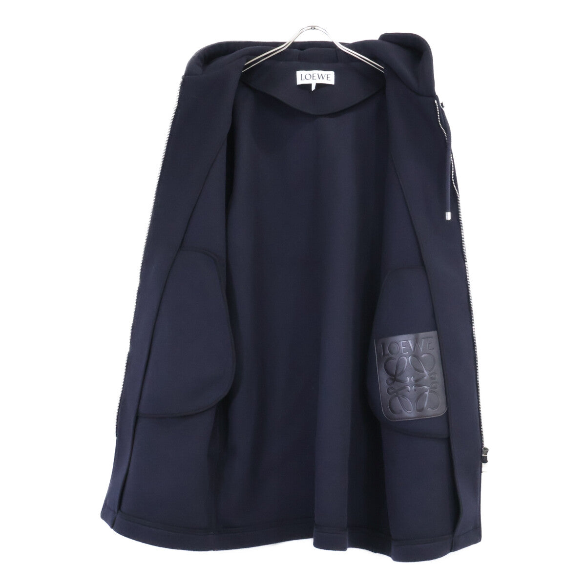 LOEWE Wool Zip-Up Hooded Coat Navy Size 48
