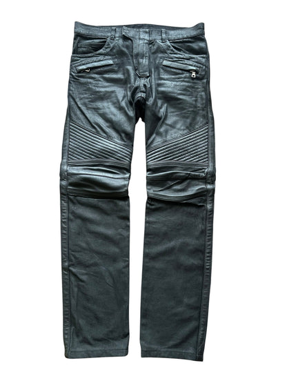 Balmain Black Coated Leather Paneled Biker Jeans