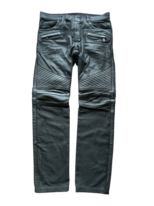 Balmain Black Coated Leather Paneled Biker Jeans