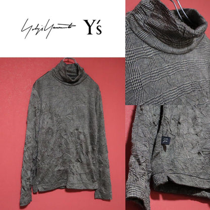 Yohji Yamamoto Glen Check Crinkled Mock Neck Long Sleeve Tee Size 2