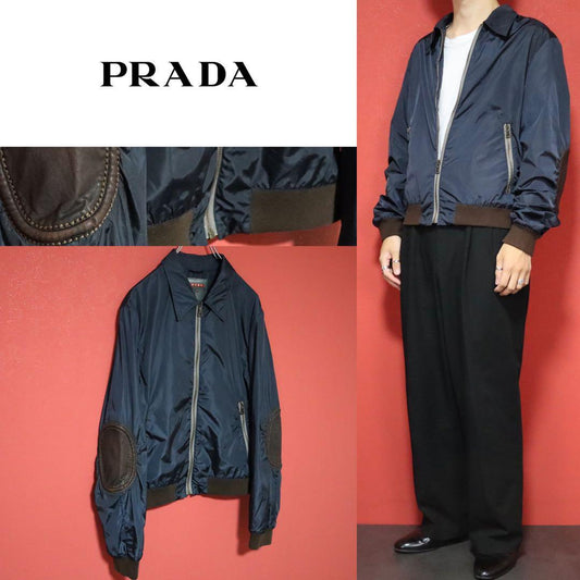 Vintage Prada Sport Nylon Leather Elbow Patch Jacket Size 48