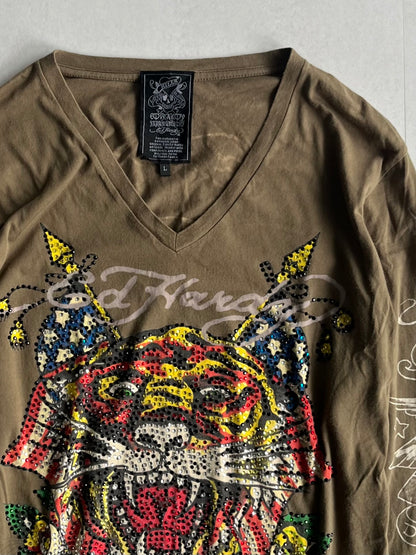 Ed Hardy Green V-Neck Sequin Long Sleeve Shirt Size L